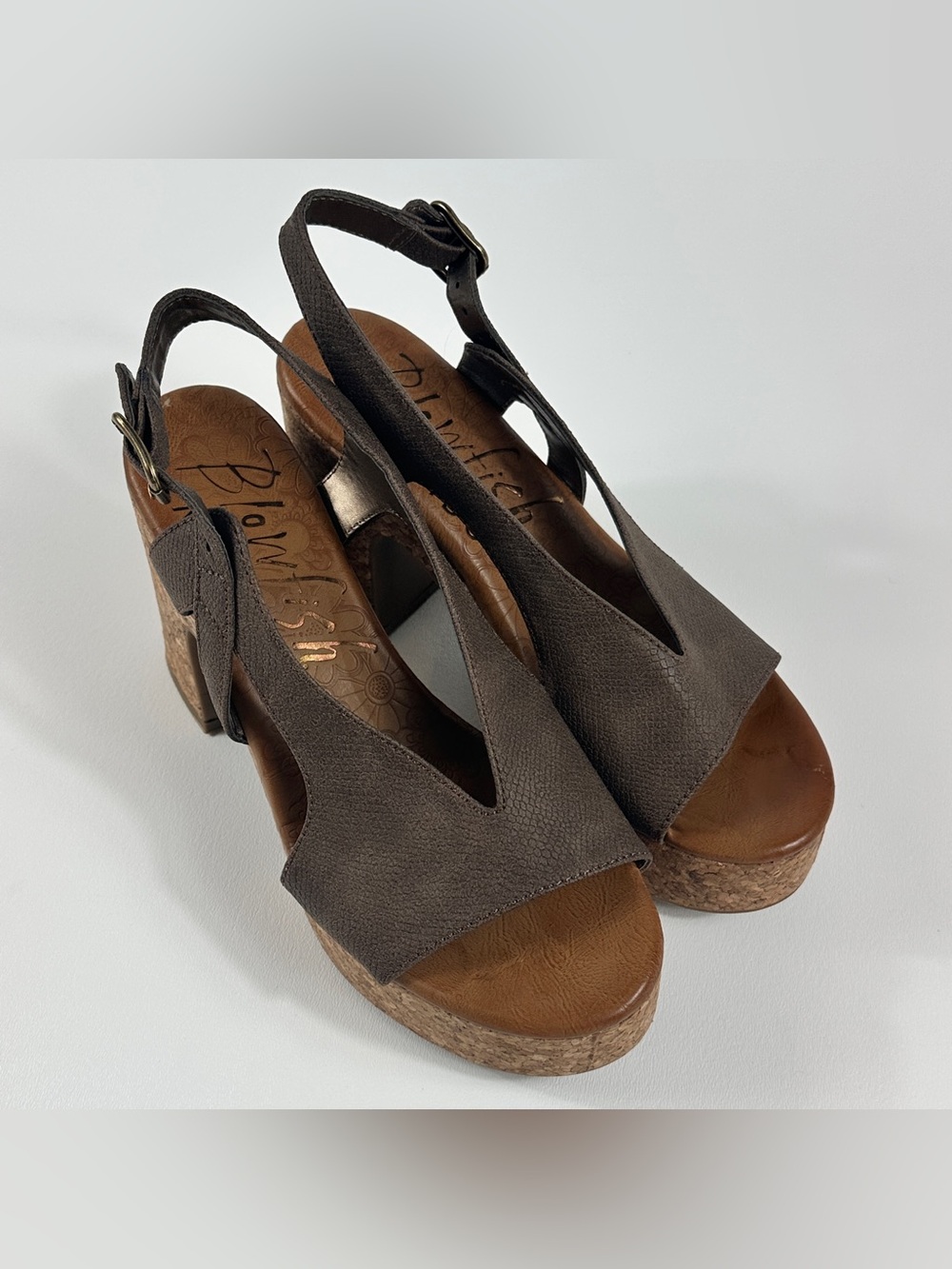 Blowfish Malibu Partea Brown Cork Platform Slingback Sandals Block Heel Size 7.5